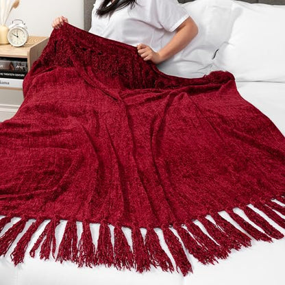 PAVILIA Chenille Throw Blanket, Knit Twin Size Tassel Throw, Wine Red 60x80 - color: Red, size: 60 X 80 Inches - Twin