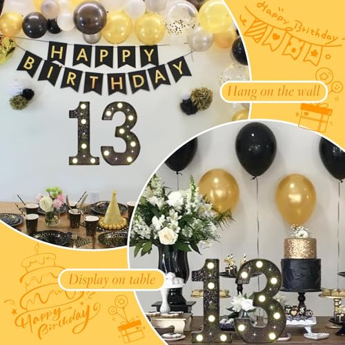 Black Glitter LED Marquee Number 13, Warm White Light Decor Sign - size: Number-13