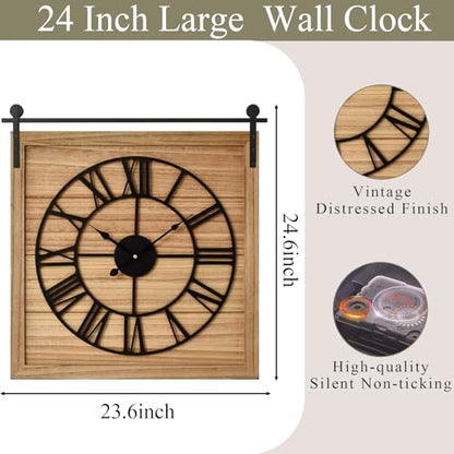 EMAX HOME 24 Inch Large Farmhouse Wall Clock, Unique Square Rustic Solid Wood Frame with Black Metal Hanging Rod, Silent Non-Ticking Quartz Movement, for Living Room, Bedroom, Kitchen - color: Brown 2, size: 24 Inch