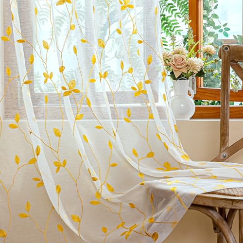 AmHoo 2 Panels Embroidered Leaf Pattern Semi Sheer Curtains Foliage Floral Voile Window Draperies Treatment for Bedroom Living Room Rod Pocket White Gold Yellow 53 x 63 Inch - color: White Gold Yellow, size: 53"W x 63"L (Pack of 2)