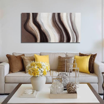 Hue7Art Modern Abstract Flowing Line Canvas Wall Art Living Room 24x48 - color: Brown and Cream, size: 24x48
