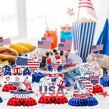 4th of July Honeycomb Centerpieces - 9PCS Patriotic Themed Table Decorations, Red White Blue Independence Day Party Supplies for Patriotic Events American Theme Gatherings - style: Independence Day