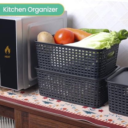 Ohmlove 8 Pack Plastic Storage Baskets with Lids for Organization - color: Black