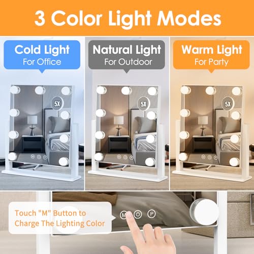 Dirket Vanity Mirror with Lights, Hollywood Lighted Makeup Mirror with 3 Color Lighting Modes and 9 Dimmable Bulbs, Detachable 5X Magnification, Smart Touch Control, 360°Rotation, White - color: 9 Bulbs