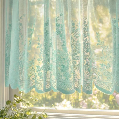 Molaxhome Kitchen Curtains Valance Blue Lace Floral Semi Sheer Curtain - color: Blue-green, size: 54"W x 24"L (Pack of 1)