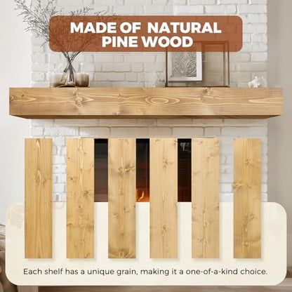 60x8x5in Pine Wood Fireplace Mantel Shelf, Natural Wood - color: Natural Wood, size: 60x5x8-hollow