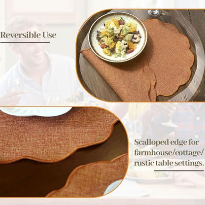 AHHFSMEI Round Scalloped Placemats Set of 6 15 Inch Faux Linen - color: Burnt Orange