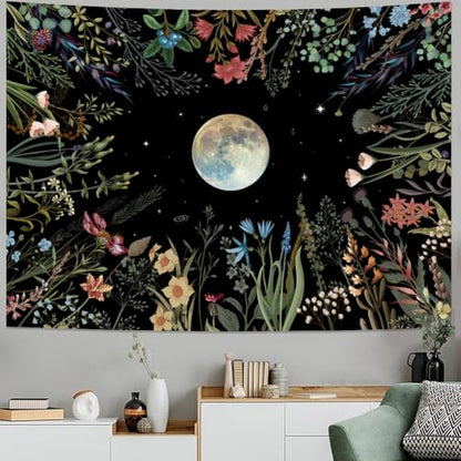Amhokhui Moonlit Garden Tapestry Floral Flower Tapestries - size: 92.5"L x 70.8"W