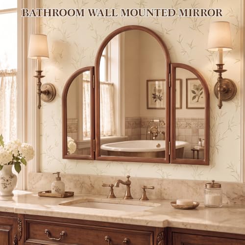 Nuanchu Wood Trifold Vanity Mirror, 36 x 24 in, Brown, Arched