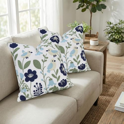 Navy Blue Bird Floral Embroidered Pillow Covers 18x18 Set of 2 - color: Navy Blue Green, size: 18" x 18" (Pack of 2)
