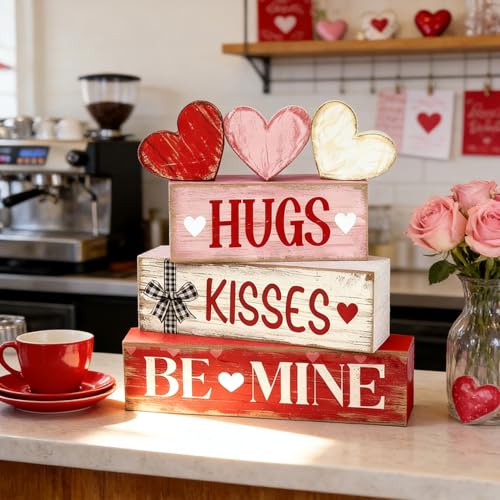 Valentines Day Decorations - Valentine Tiered Tray Decor Set - Wooden Table Decoration with Heart Signs - Rustic Farmhouse Valentine’s Day Home Decor Indoor for Shelf Mantel Coffee Table Gift - style: HUGS / KISSES