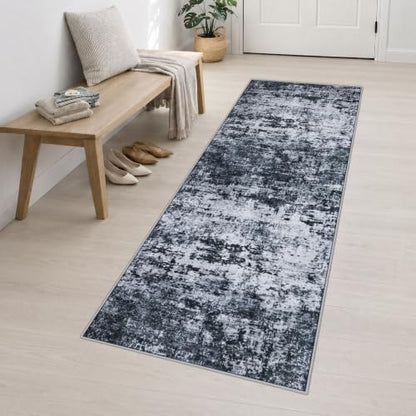 2.6x10 Washable Runner Rug:Modern Abstract Indoor Carpet Black - color: Black, size: 2'6" x 10' (Rectangular)