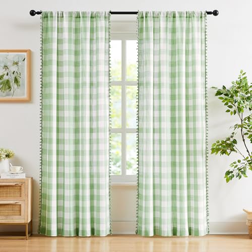 Buffalo Plaid Kitchen Curtains 27x24" Green White Check Tiers Semi Sheer - color: Light Green and White, size: 24"W x 36"L (Pack of 2)