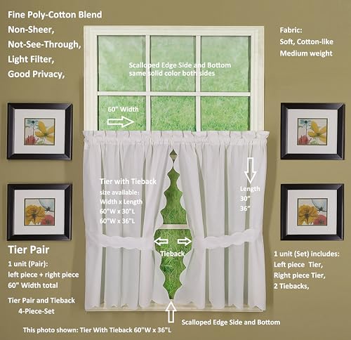 Today's Curtain, Orleans Scallop Curtain, White 30" Tier Pair and Tieback, 60" W x 30" L, White - color: White, size: 60"W x 30"L (Pack of 1)