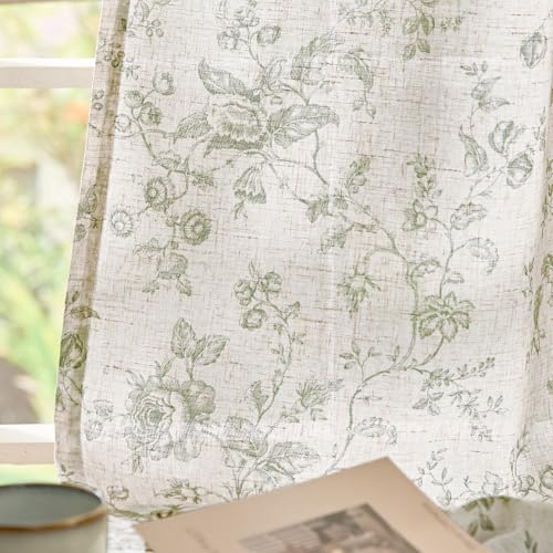jinchan Custom Size Curtain Green Floral Linen Curtain Back Tab 1 Panel - color: Amlie Green, size: Custom