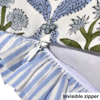 Ridhi Light Steel Blue Block Print Ruffle Pillow Covers 20x20 Inch Set of 2 - color: Light Steel Blue, size: 20" x 20" (Pack of 2)
