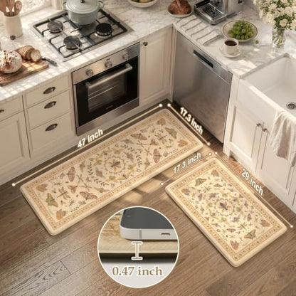 KIMODE Kitchen Mats for Floor 2 Piece Anti Fatigue Cushioned Kitchen Rugs - color: Cream Beige Botanical