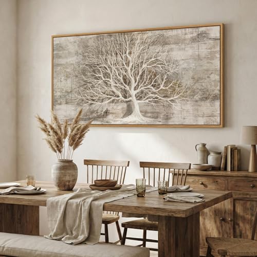 Large Framed Neutral Tree of Life Wall Art for Living Room, 60x30 In - color: Neutral White, size: 60"L x 30"W