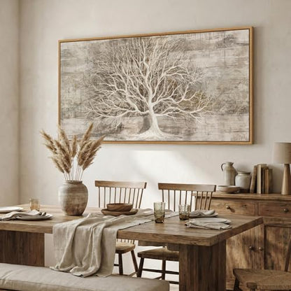 Large Framed Neutral Tree of Life Wall Art for Living Room, 60x30 In - color: Neutral White, size: 60"L x 30"W