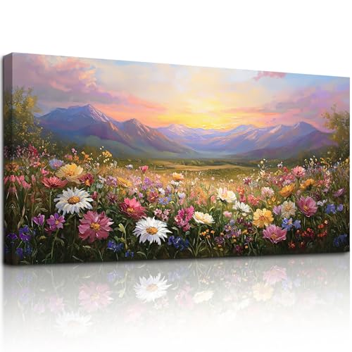 crmotu Rustic Oversized Canvas Art, Mountain Flower Sunset Prints 29"x57" - color: Mountains Sea of Flowers, size: 57"L x 29"W