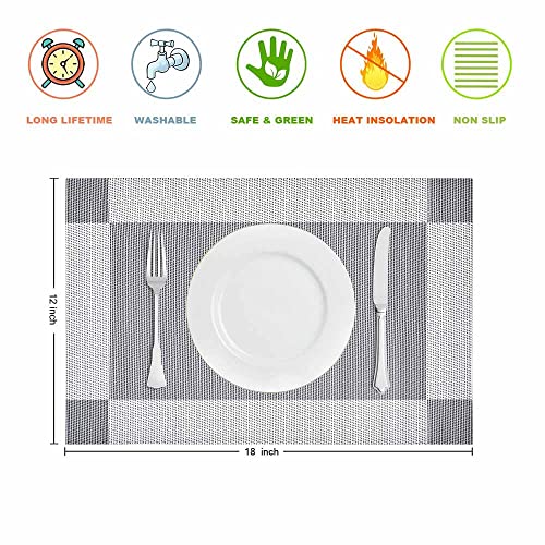 GIVERARE Placemats Set of 4, Heat-Resistant Woven Vinyl Placemat, Non-Slip Washable PVC Table Mat, Easy to Clean Premium Plastic Mats for Dining, Kitchen Table (Silver+Gray) - color: Silver+gray