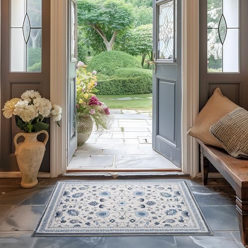 EverGrace Area Rugs for Entryway 2x3, Boho Floral Faux Wool Indoor Outdoor Small Rugs, Washable Rugs for Bedroom Bathroom Laundry Doormat, Low Pile Floor Mat Carpet for Home Decor, Porcelain Blue - color: Porcelain Blue Multi, size: 2'x3'