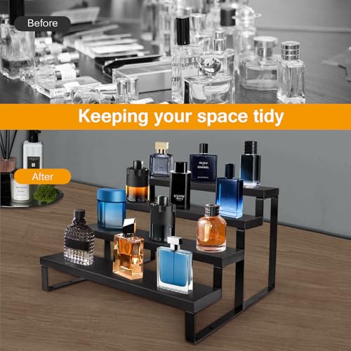 HomePekite Wooden Display Riser Stand, Tiered Perfume and Cologne Organizer Stand, 4 Tier Spice Rack Organizer, Rustic Display Shelf for Candles (4 Tier 2 Pcs), Black