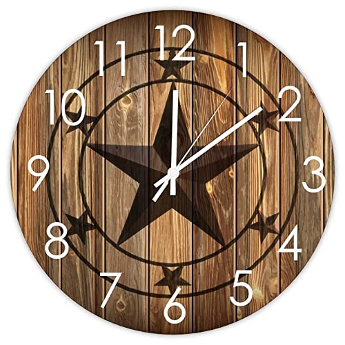 Round Wood Wall Clock Western Texas Star Silent Battery Operated Wooden Wall Clock Country Western Country Farmhouse Home Décor for Living Room House Kitchen - size: 10"x10"