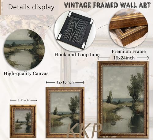 KKP Vintage River Landscape Framed Wall Art Antique Rural Farmhouse Wall Decor Moody Rustic Countryside Gallery Decor for Living Room Study Office Hallway 16x24 Inch - color: River Landscape, size: 24"L x 16"W