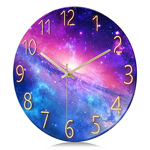 Lafocuse 12 Inch Glass Galaxy Purple Wall Clocks Battery Operated Space - color: Purple