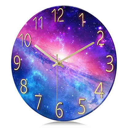 Lafocuse 12 Inch Glass Galaxy Purple Wall Clocks Battery Operated Space - color: Purple