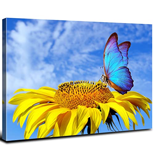 Sunflower Wall Art Bathroom Decor Butterfly Pictures Blue Sky Nature Landscape Canvas Prints Kitchen Sunflower Painting for Living Room Artwork Yellow Floral Posters Bedroom Home Decorations 12x16" - color: Sunflower Butterfly, size: 16"L x 12"W