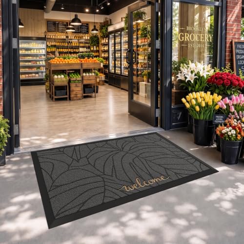 LUMI Outside Welcome Door Mat 36x59, Non-Slip Heavy Duty Dirt Trapper, Grey - color: Grey Gold Monstera, size: 36"x59"