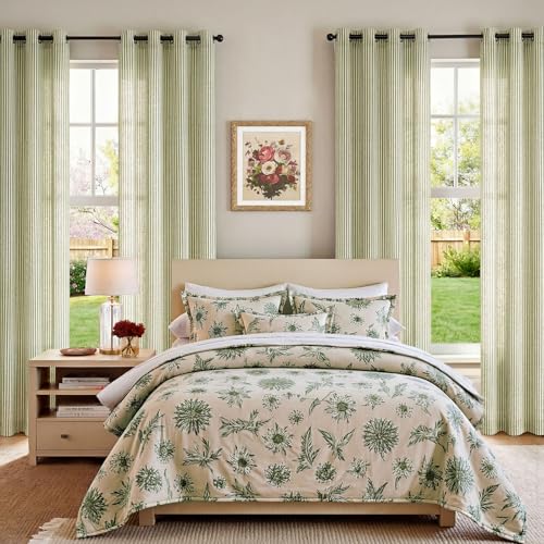 jinchan Linen Curtains 84 Inch Sage Green Stripe on Linen Grommet 2 Panels - color: Sage Green on Linen, size: 50"W x 84"L (Pack of 2)