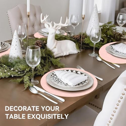 13" Round Placemats Set of 6, Reversible Faux Leather Wipeable Table Mats - color: Light Pink