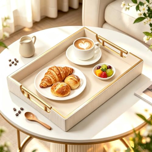 16''x12'' Leather Coffee Table Serving Tray with Gold Handle(Large White) - color: White
