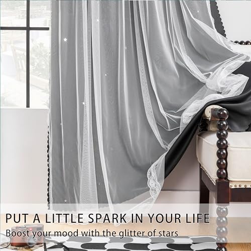 XiDi Black Curtains for Bedroom 63 Inches Long Star Blackout Curtains 34x63 - color: Black, size: 34"W x 63"L (Pack of 2)