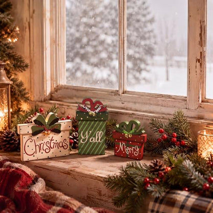 3 Pcs Farmhouse Christmas Table Decoration Rustic Wooden Gift Box Sign - style: Farmhouse
