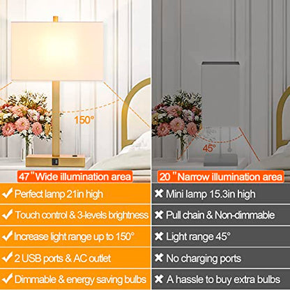 21" Touch Bedside lamps with 2 USB & AC Outlets, 3-Way Dimmable Bedside Table Lamps Set of 2 for Bedroom Living Room Office Reading, White Shade Lamps for Night Stands, 2700K LED Bulbs Included - color: White Cream Linen & Brushed Gold