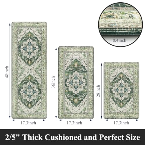 Cushioned Kitchen Rug Sets 3 Piece Anti Fatigue Mats for Floor Non Slip Waterproof Comfort Standing Mat Runner for Home Office, Sink, Laundry - color: Green