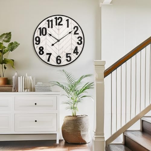 24 Inch Large Wall Clock, Rustic Wooden Farmhouse Wall Clock with Black Metal Frame, Battery Operated Non-Ticking Silent Wall Clocks for Living Room, Kitchen, Bedroom (Whitewashed) - color: Whitewashed, size: 24 Inches