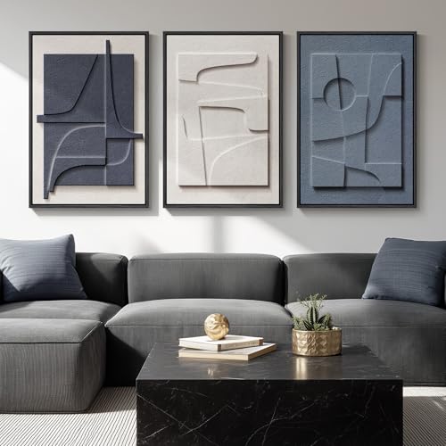 Large 3D Textured Framed Blue White Abstract Wall Art Set, 3 Piece 20x30 In - color: Blue and White, size: 20"w X 30"h X 3pcs