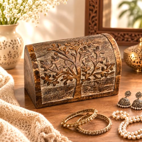 Premium Handmade Wooden Treasure Chest Decorative Trunk for Keepsakes Semicircular Curved Floral Jewellery Box Trinket Box Ladies Jewellery Storage Case Handcrafted Home Decor (Plain Tree)