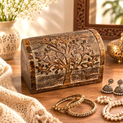Premium Handmade Wooden Treasure Chest Decorative Trunk for Keepsakes Semicircular Curved Floral Jewellery Box Trinket Box Ladies Jewellery Storage Case Handcrafted Home Decor (Plain Tree)