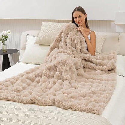 UKELER Faux Fur Throw Blanket Plush Thick Fleece Blanket Fluffy Cozy Soft Warm Blankets Throws for Bed, Couch, Sofa, Office, Camping 50''x60'' Camel - color: D-camel, size: 50''x60''