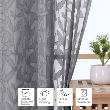 OWENIE Leyna Grey Sheer Curtain 30 Inch Length Cafe Curtains 2 Panels - color: Charcoal Gray, size: 28"W x 30"L (Pack of 2)