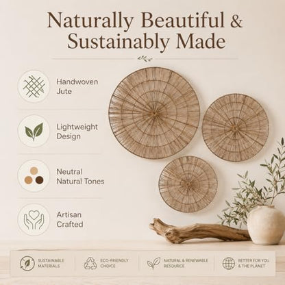 PEMAR Handwoven Jute Wall Hanging Baskets, Set of 3 Round Woven Wall Decor (22", 19", 15"), Decorative Wall Accents for Living Room, Bedroom and Entryway