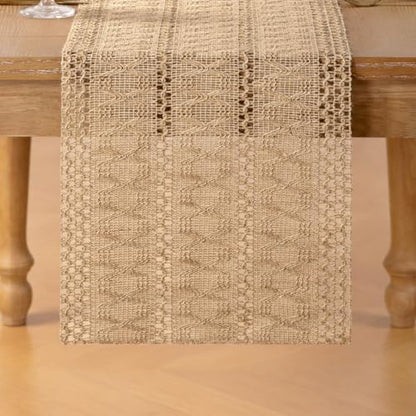 Boho Macrame Table Runner Jute Burlap Small Dresser Runner - color: Burlap Brown, size: 12" × 48"