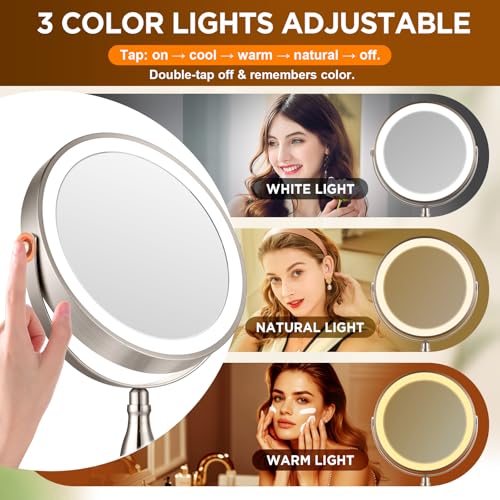 Makeup Mirror with Light - Brushed Nickel, 30x Makeup Mirror with 3 Colors - color: Brushed Nickel