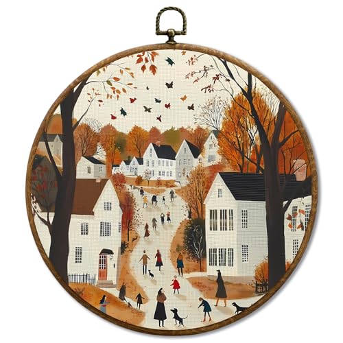 JUIOEIU Fall Round Wall Decor, Cozy Autumn Cityscape Seasonal Framed Canvas Prints, Fall Wall Art Hanging Decorations for Home Bedroom Living Room Office Decor, 10x10in - color: Town01
